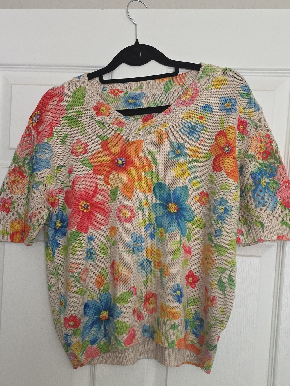 Floral V-Neck Short Sleeve Sweater Top - Multicolor